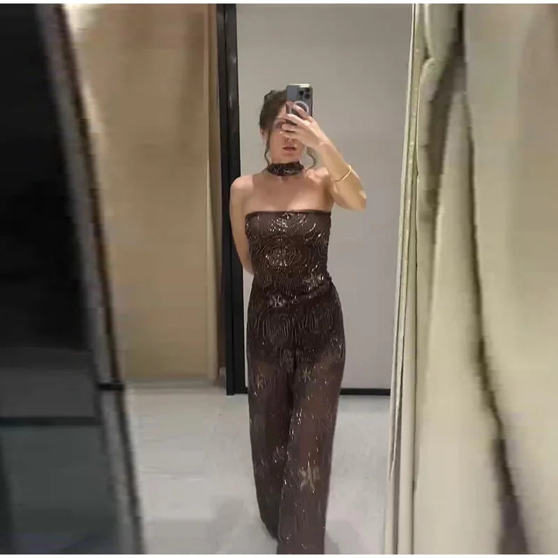 Chic Beaded Women's Top Pant Set Sexy Slim Halter Sleeveless Crop Tops See Through Elastic Waist Wide Leg Pants Summer Outfits