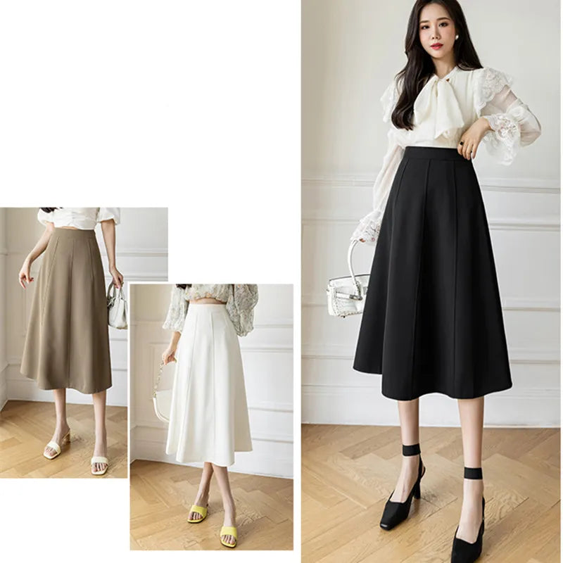 Women's Skirt Spring Women High Waist Solid Vintage Girl's Waist Down Skirt Knee-length A-line Fashion Thin Skirt for Women
