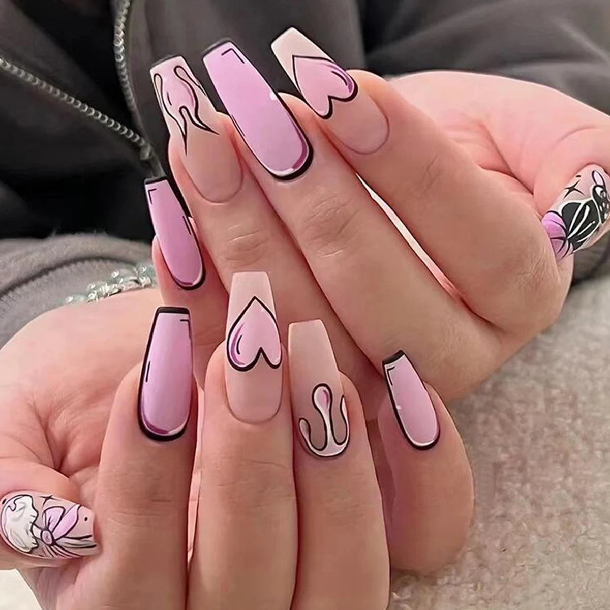 24Pc/Set Long Ballet Pink French Heart Geometric Cat Cartoon Patterns Printed Full Coverage Wearable Fake Nail Press on Nail Art