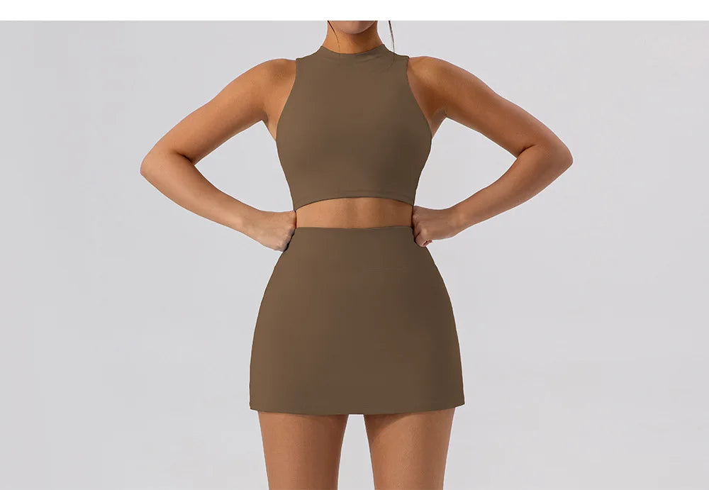 2PCS Yoga Set Sports Hip Short Skirt Women Tracksuit Gym Tennis Skirt Set Workout Sportswear Golf Dance Athletic Sport Suit