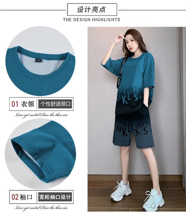 Women's Casual Sports Short Suit Summer New Fashion Fried Street Long T-shirt Crop Tops 2 Two Piece Set For Women Tracksuit