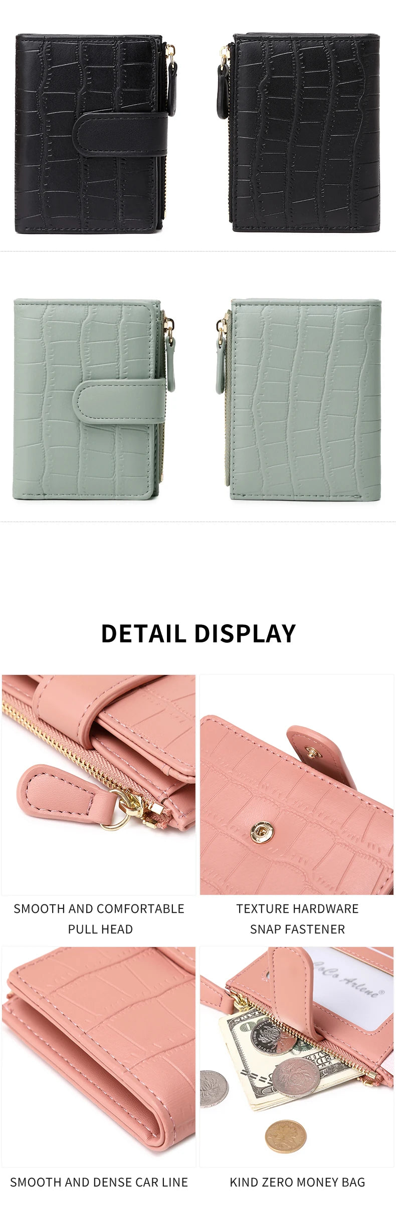 Klassisk luksuslommebok med kortklips, liten, multifunksjonell, PU-håndveske i skinn, ensfarget, dobbel fold, dame, ZeroWallet