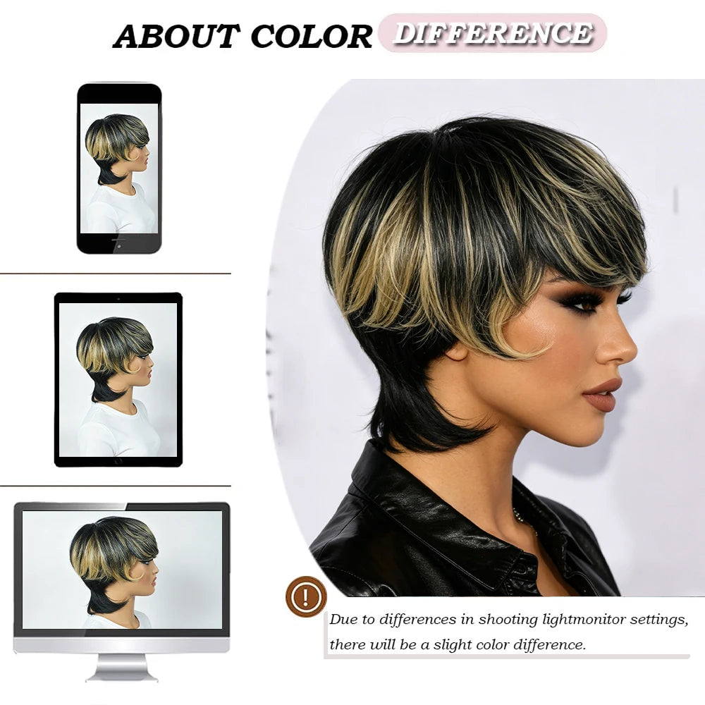 Black Blonde Highlight Layered Mullet Pixie Human Hair Wig with Bangs, Highlighted Black Blonde Feathered Mullet Pixie Cut Wig with Side Swept Fringes, Full Machine Made Spiky Tail Nape Style for Daily Work & Events