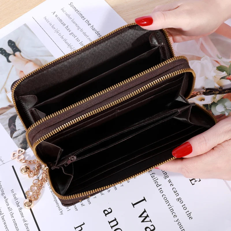 Billetera larga simple de gran capacidad, monedero con cremallera de piel sintética, bolso de mano informal multifuncional