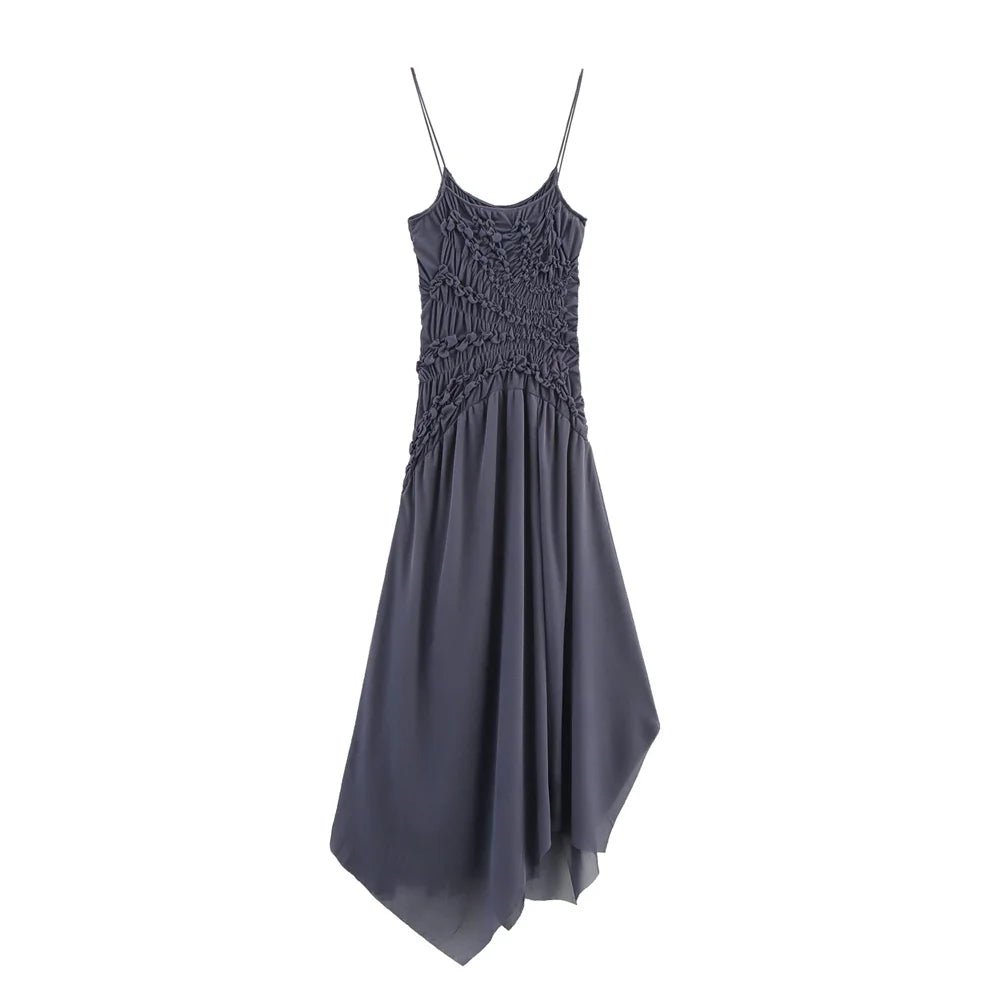 New women's clothing casual elegant European and American style design sense simple pleated decoration asymmetric dress