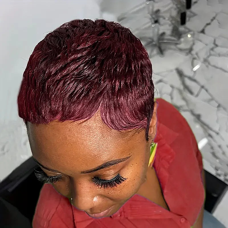Short #99J Burgundy Human Hair Machine Made Wig With Bangs For Women  Casual Wear