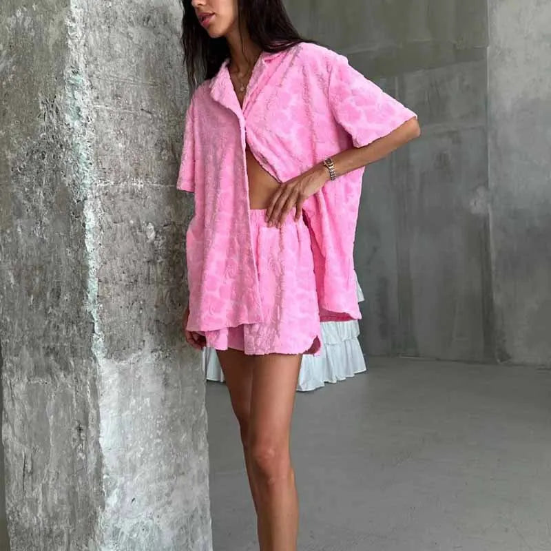 Women Casual Loose Pink Pajamas Sets Fashion Lapel Button Shirt & Short Pant Suit Elegant Flower Print Pockets 2Pc Outfits