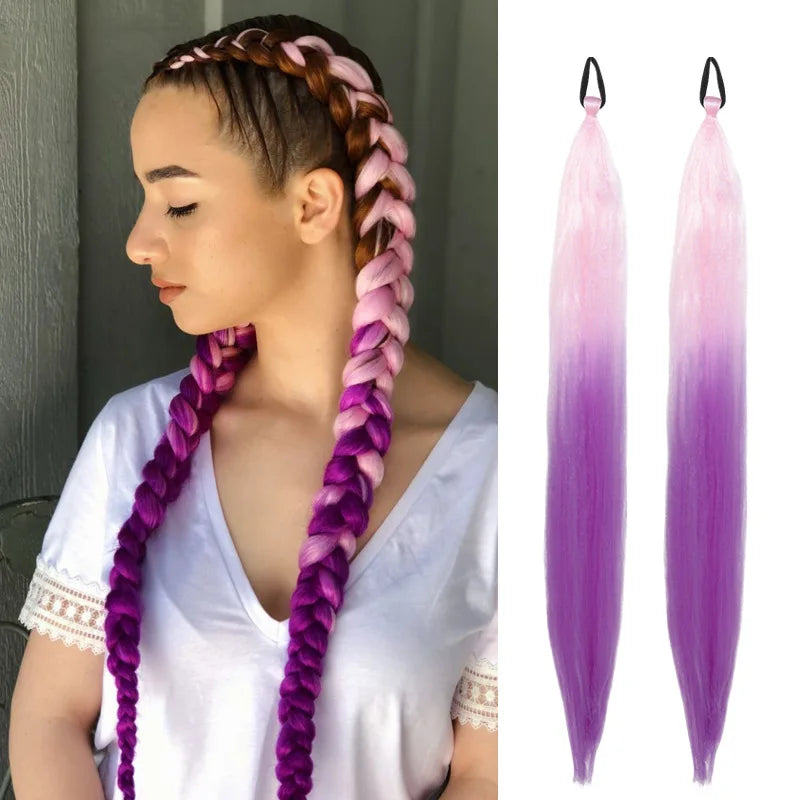 2PCS Synthetic pair of female rubber band boxing color synthetic braided ponytail wig long straight hair heat-resistant ponytail
