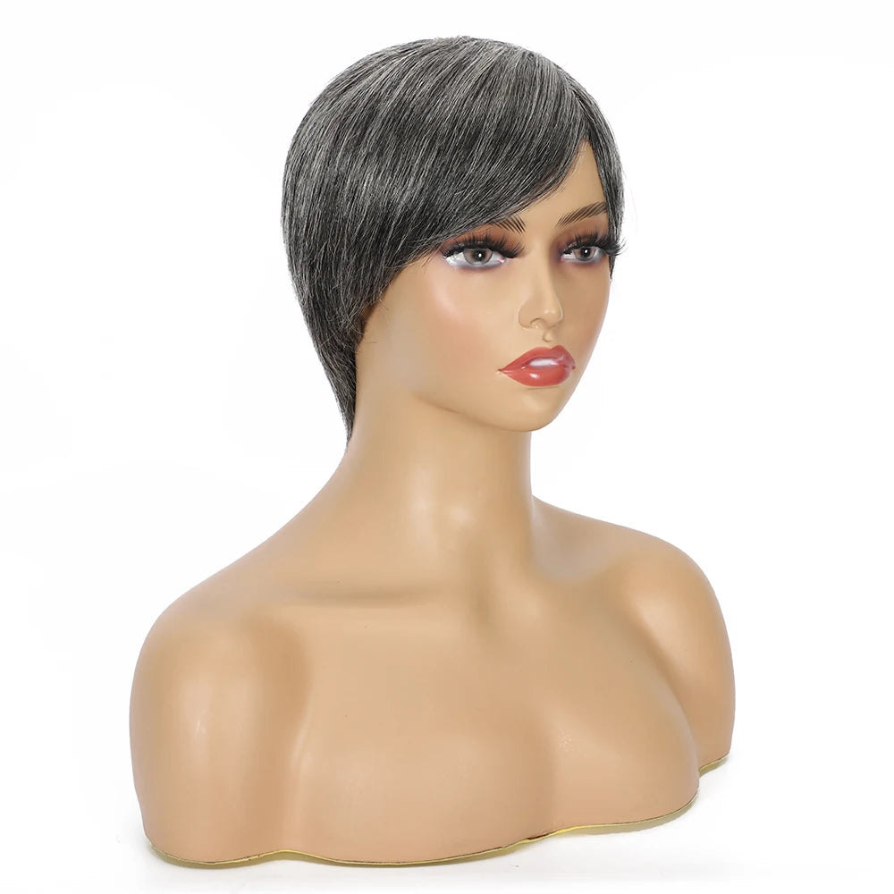 Short Ombre Grey Wig Human Hair Salt and Pepper Human Hair Wigs for Women Short Pixie Wig with Bangs Gray Machine Made Wigs