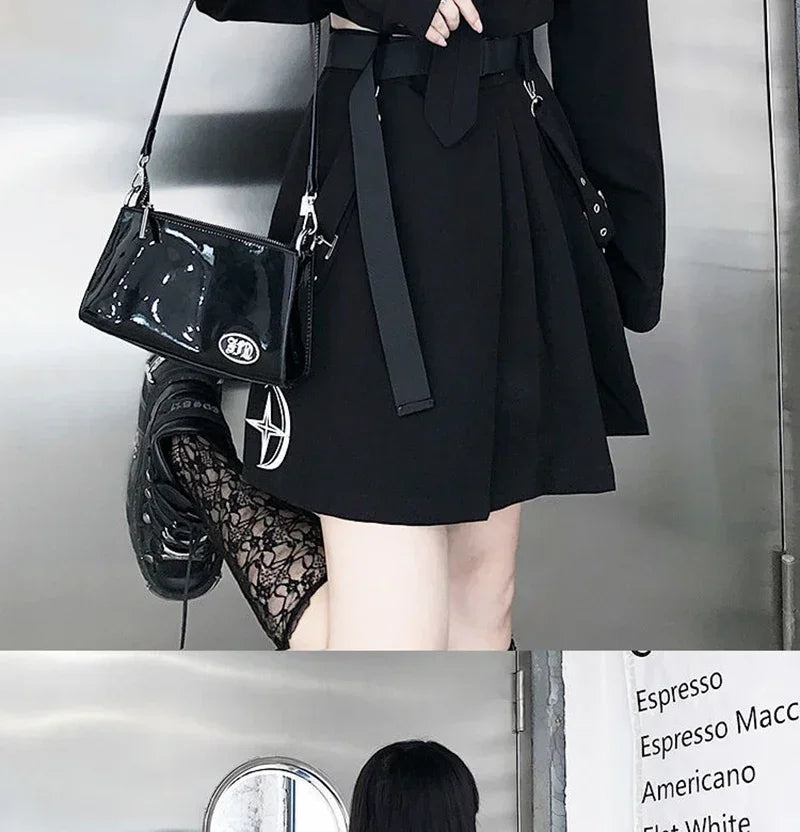 Women Two-Piece Skirt Spring Oversize 4XL Black Punk Chain Ribbon Skirts Ladies Suit Female Dress Sets Harajuku Streetwear