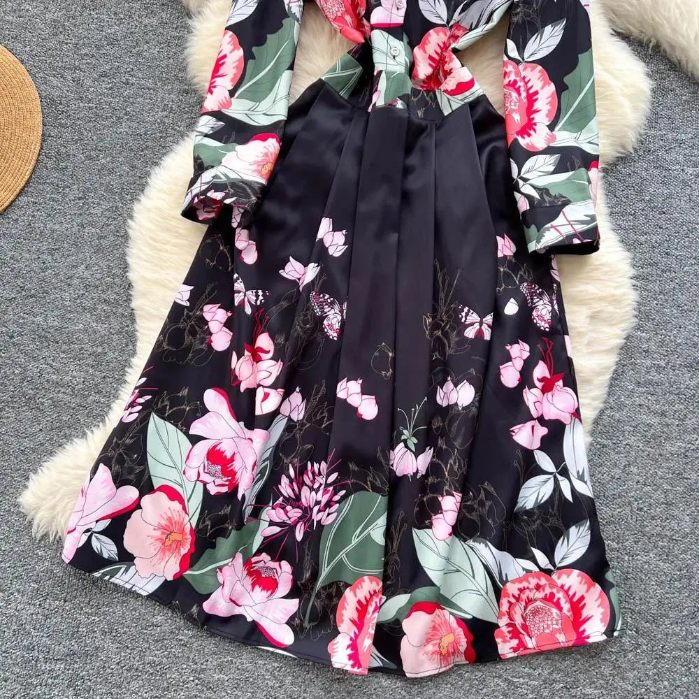 Fashion High-End Feeling Gown Dress Elegant European Court Style Long Printed Slimming New Women's Design Sensation Retro Summer