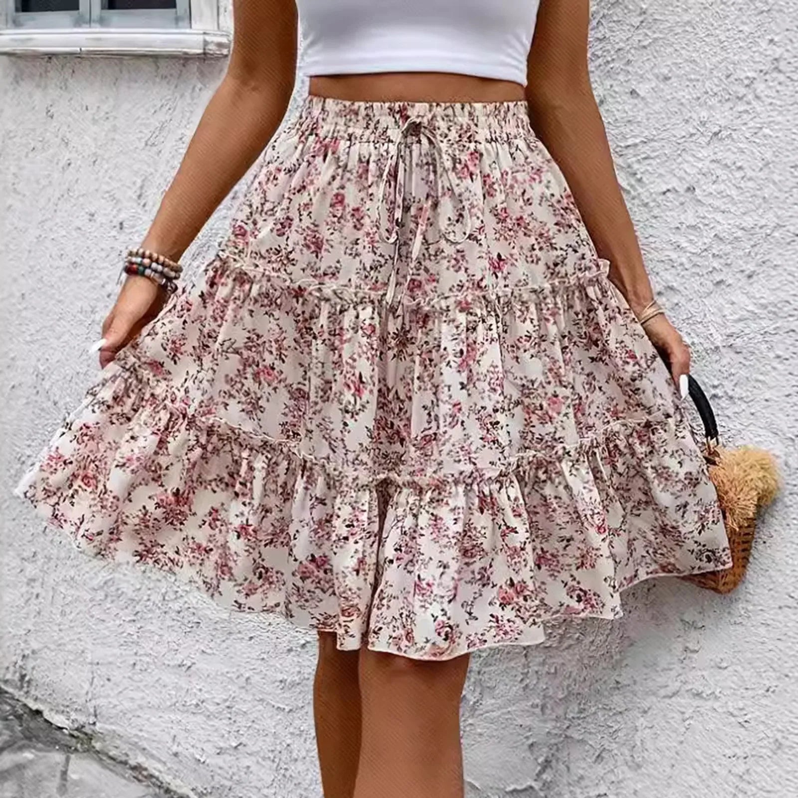 Women's Spliced Cake Skirt Fashionable Floral Print Elastic Waist Strap Versatile Casual Skirts Comfortable knee-length skirt