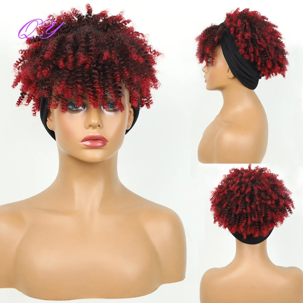 QY Hair Big Afro Kinky Curly Headband Wigs For Women Synthetic Hair Wigs Turban Wrap Hair Style