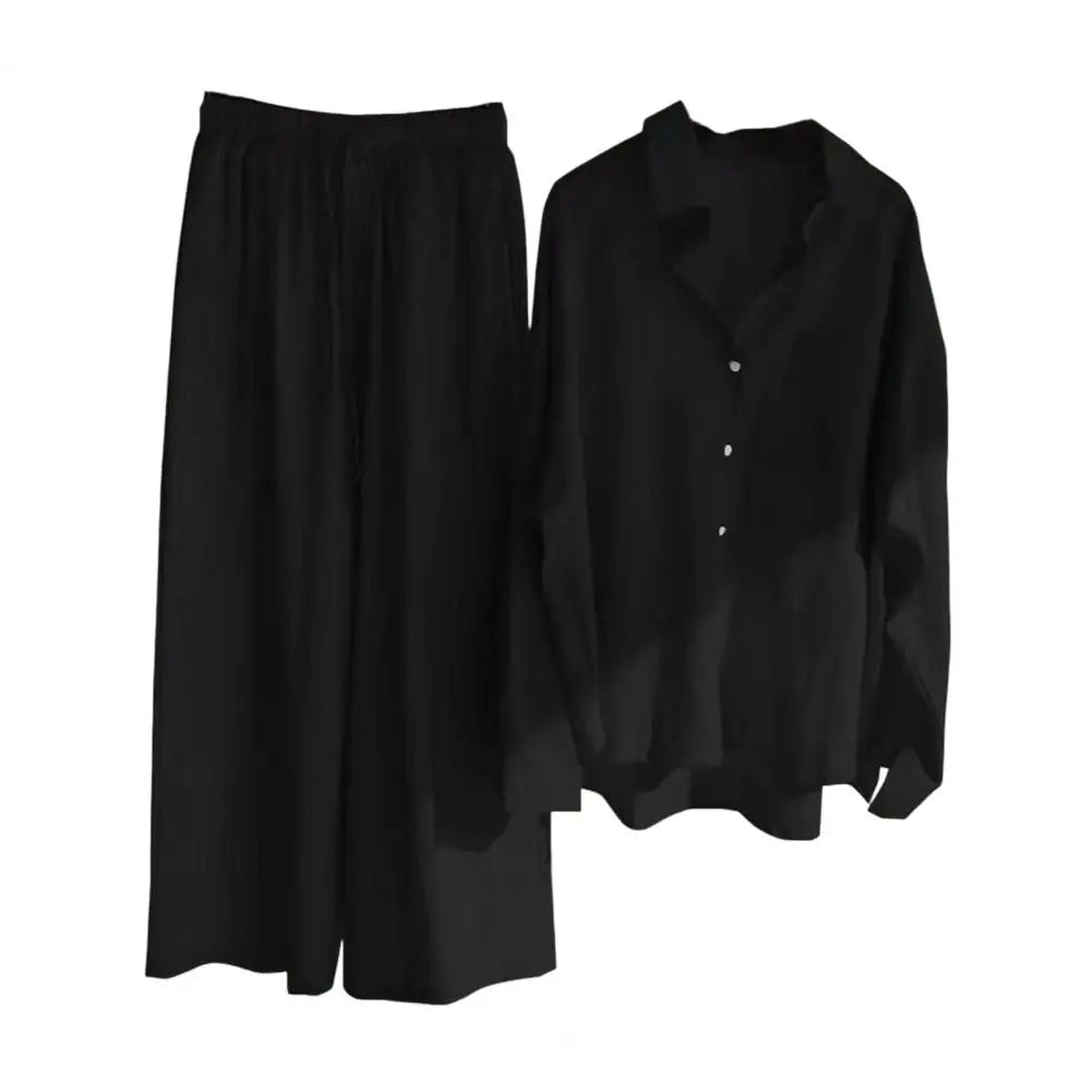 2 Pcs/Set Women Tops Pants Set Blouse Trousers Suit Skin-touch Long Sleeves Cardigan Solid Color Wide Leg Daily Clothes