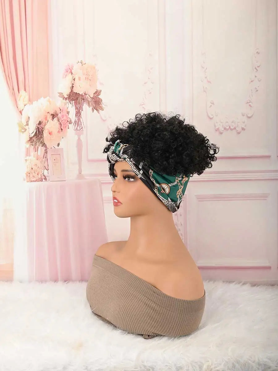 Headband Wig Curly Headband Wig With Bangs For Women Synthetic Afro Curly Hair Wig With Headband Attached Short Kinky Curly Afro High Puff With Bangs Stripes Short Red Curly Wigs with Bangs for Women, Natural Wavy Synthetic H