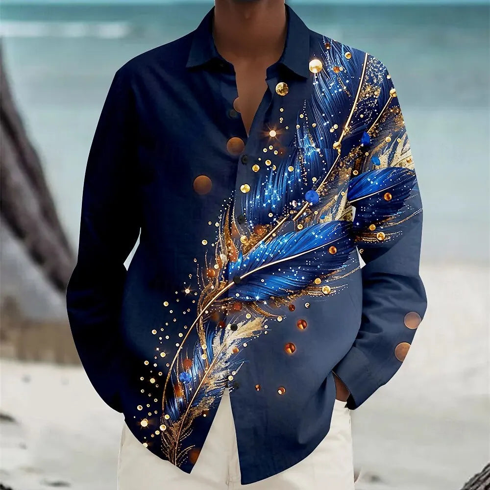 Men's Feather Summer Hawaiian Shirt Button Long Sleeve Shirt Casual Vacation Lapel Violet Teal Peacock Blue XS-6XL Fast Shipping