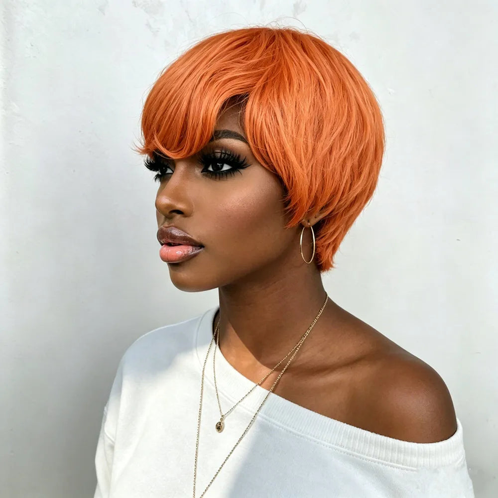 orange color pixie wig short machine made 6Inch 150% Density Women'S Chic Retro short straight Pixie Cut human human hair Wig