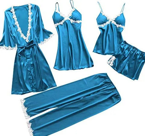 Pajamas Five Piece Set Sexy Lace Trim Nightgown Nightwear Spring Summer Women Bath Robe Loose Satin Home Wear Pijamas Suit