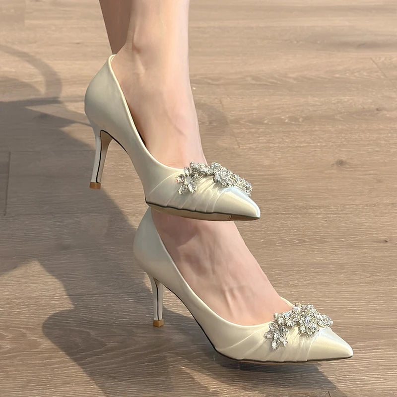 High Heels Pointed Toe Shoes Woman Lace-Up Navy Blue Pumps Sexy Sandals Slip on Shallow Mouth All-Match Footwear Spikes