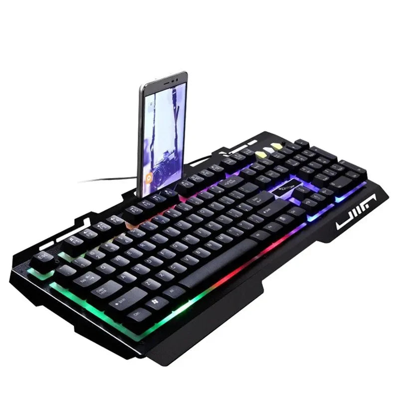 Teclado USB G700 Teclado para juegos con sensación mecánica y brillo metálico, personalidad empresarial, resistente al agua y soporte para teléfono móvil