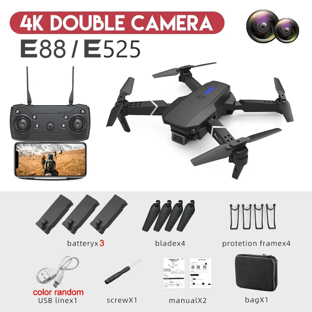 E88Pro RC Drone 4K Professinal With 3 Battery 1080P Wide Angle HD Camera Foldable Helicopter WIFI FPV Height Hold Gift Toy