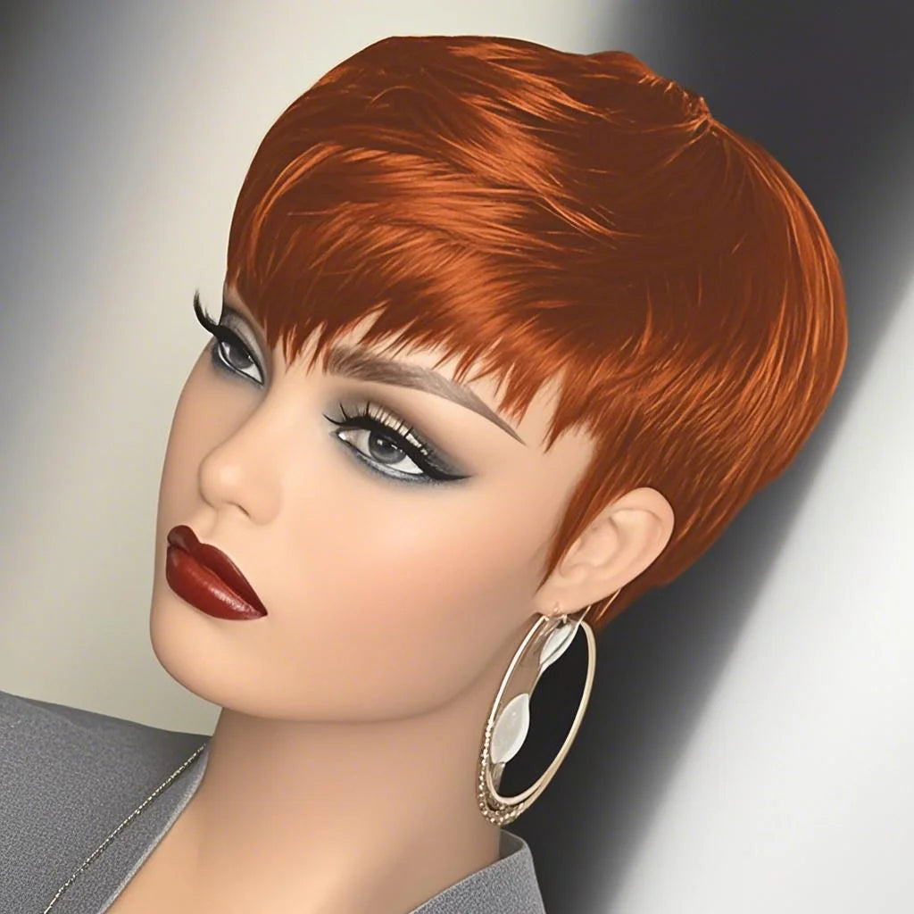 Short Pixie Cut Straight Wig Human Hair for Women Machine Made with Pre-Styled Bangs Tangle-Free Natural Hairline 180% Density 6inch