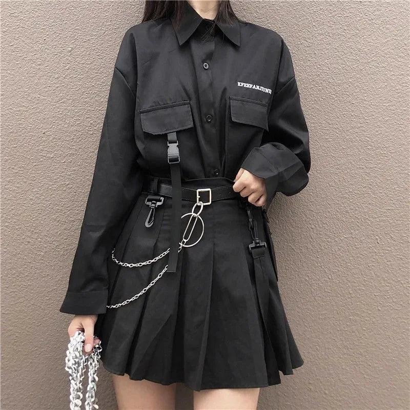 Gothic Skirt Set Long Sleeve Shirt Pleated Skirt 2 Piece Sets Women's Dark Clothes Korean Retro Casual Outfit Fashion Y2k Suit