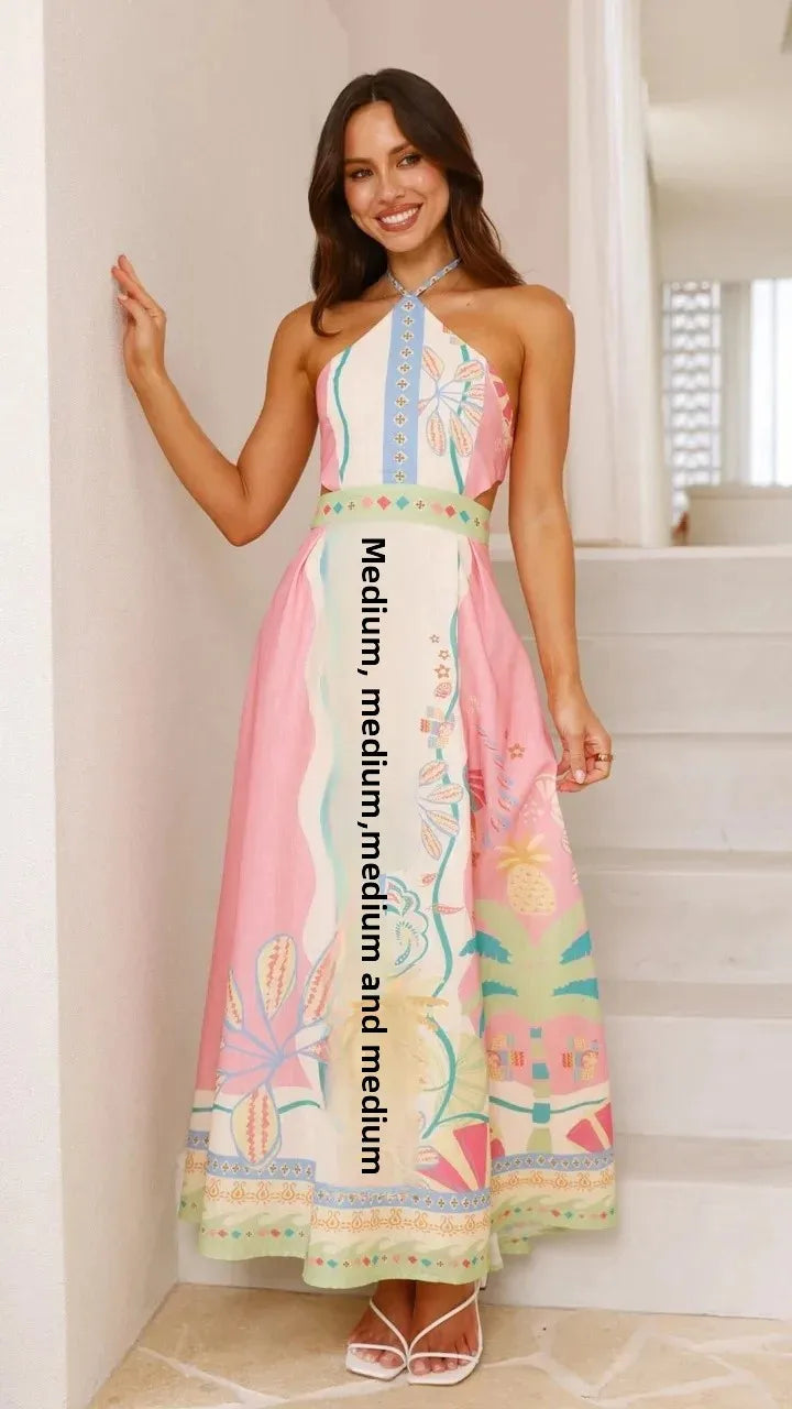 Sexy Long Neck Hanging Strap Backless Dress New Independent Station Cross-Border Sleeveless Knee-Length Polyester Fiber
