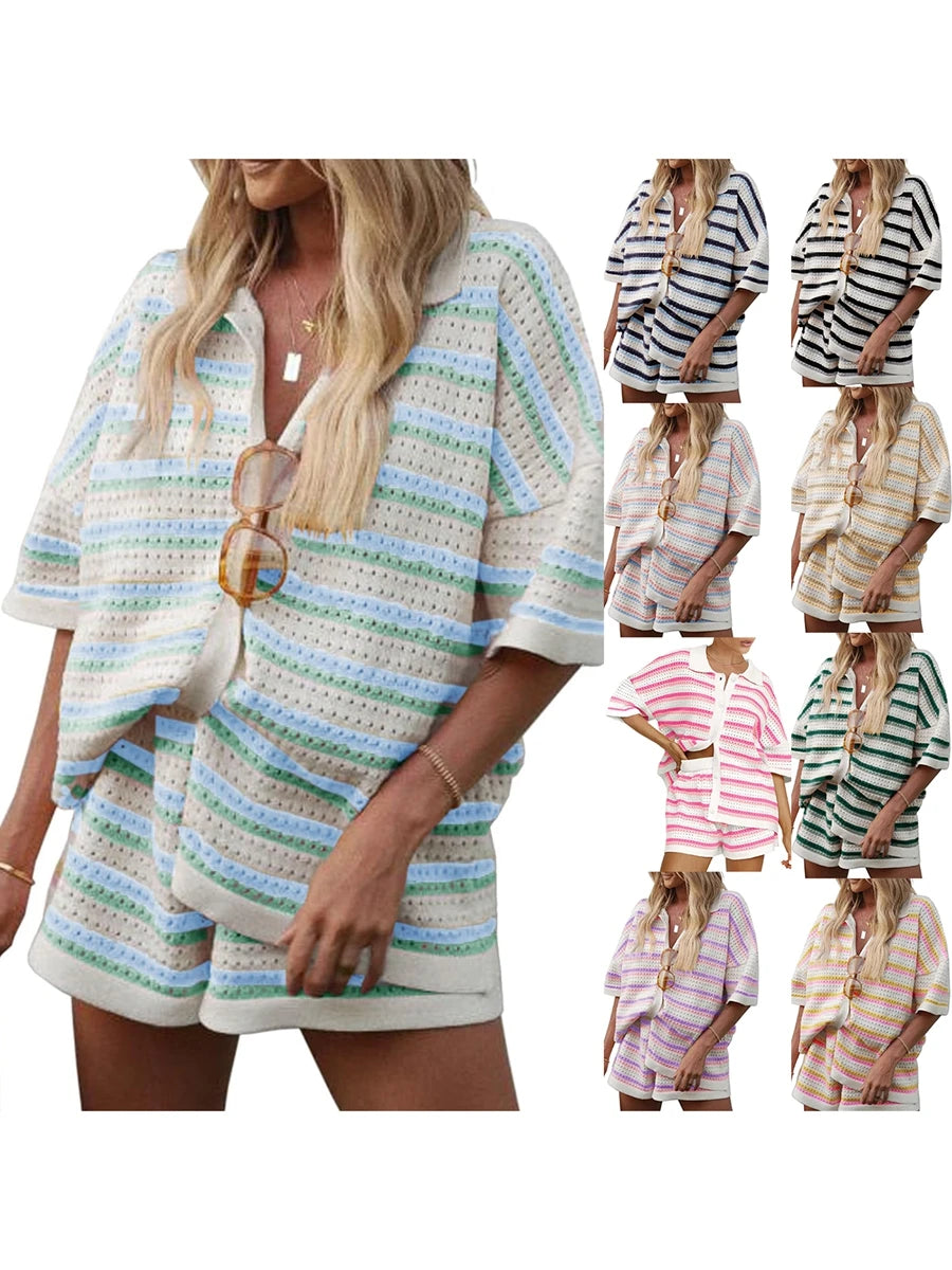 Conjunto de Pijama de Mujer de 2 Piezas Trajes de Salón Verano Rayas Contraste de Color Botón Tops de Punto de Ganchillo y Pantalones Cortos Conjuntos de Salón Playa