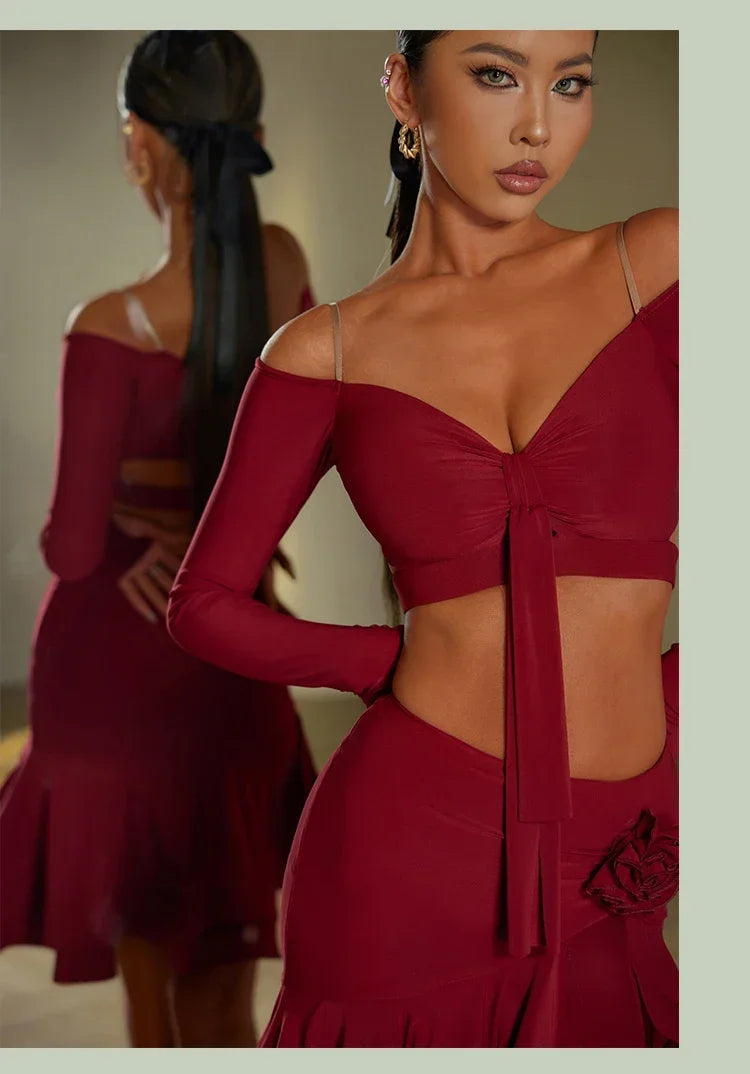 Sexy Off Shoulder Latin Top Ruffled Skirts Latin Dance Costume Stage Performance Clothes Samba Tango Dance Wear Set for Women