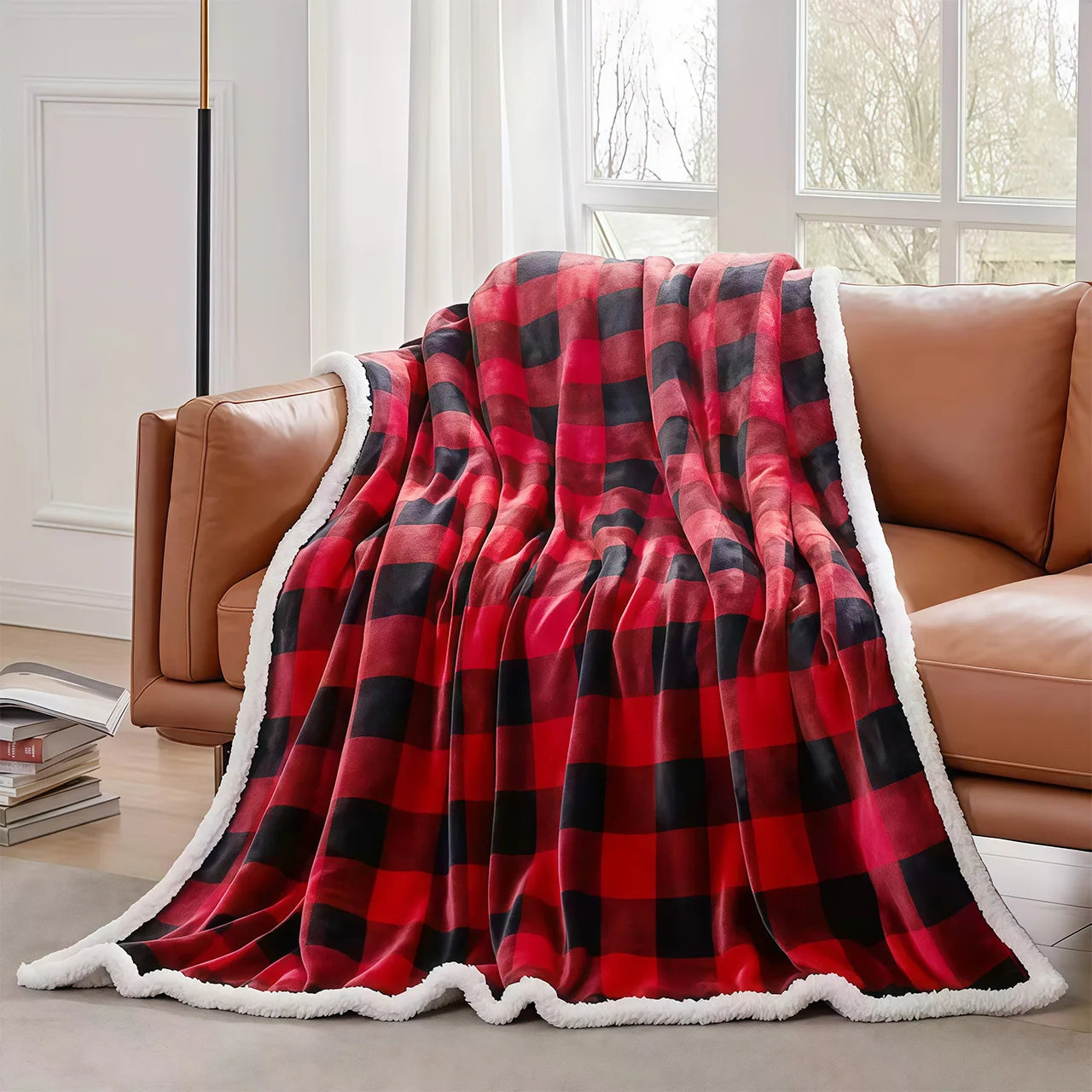 Manta de forro polar sherpa suave de 1 pieza con estampado a cuadros de búfalo - Para sofá, cama y uso en exteriores - Para todas las estaciones, lavable a máquina, suave y cálida, 4 libras de peso