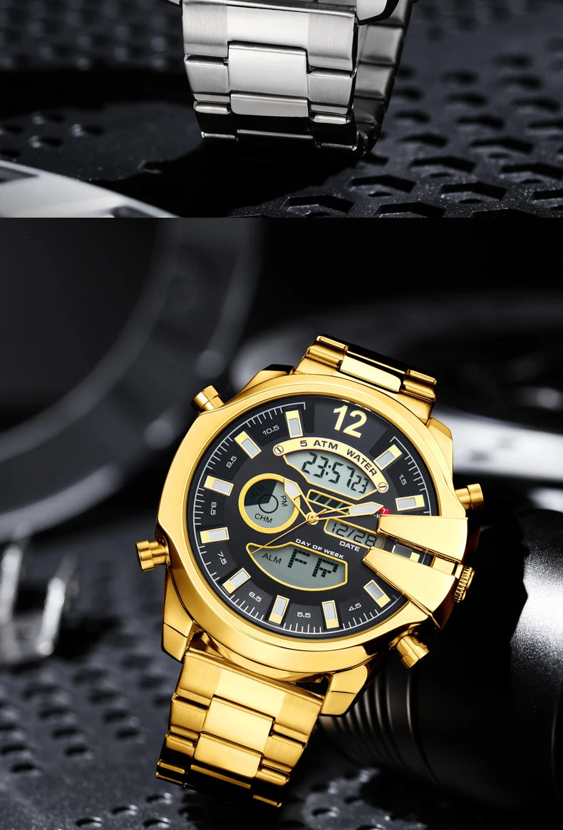 KAT-WACH Men Big Dial Wrist Watches Gold Top Brand Luxury Male Clock 2024 Gold Black Quartz Dual Display Chronograph Dropship