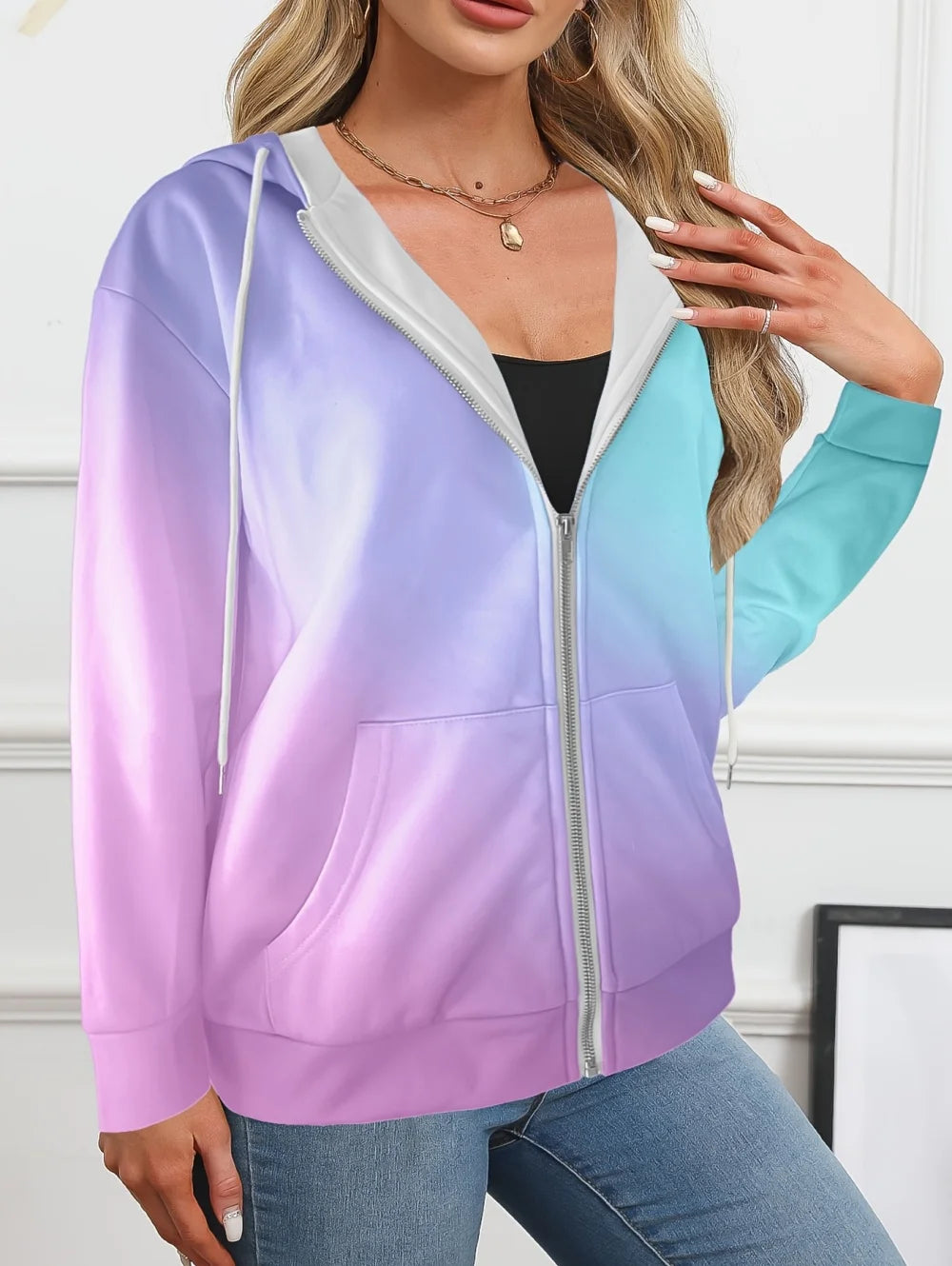 Sudadera con capucha y cremallera con degradado para mujer