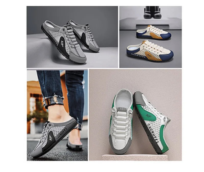 Men's Half Slippers Fashion Outdoor Casual Shoes for Men Walking Flats Soft Sole Support Slipper Mesh Breathable Slip-On Loafers
