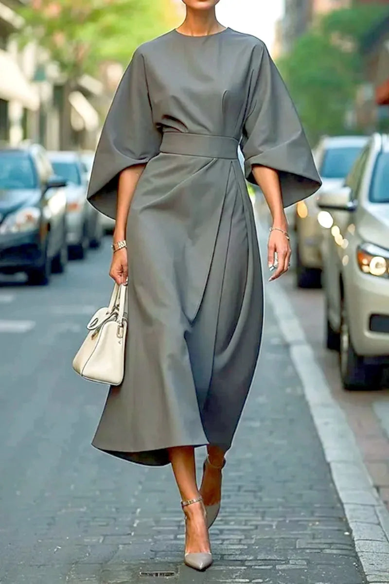 Women's Clothing Fashion Black Dress Temperament Elegant Casual Waist-closing Maxi Bat Sleeve Dresses For Women Robe Femel