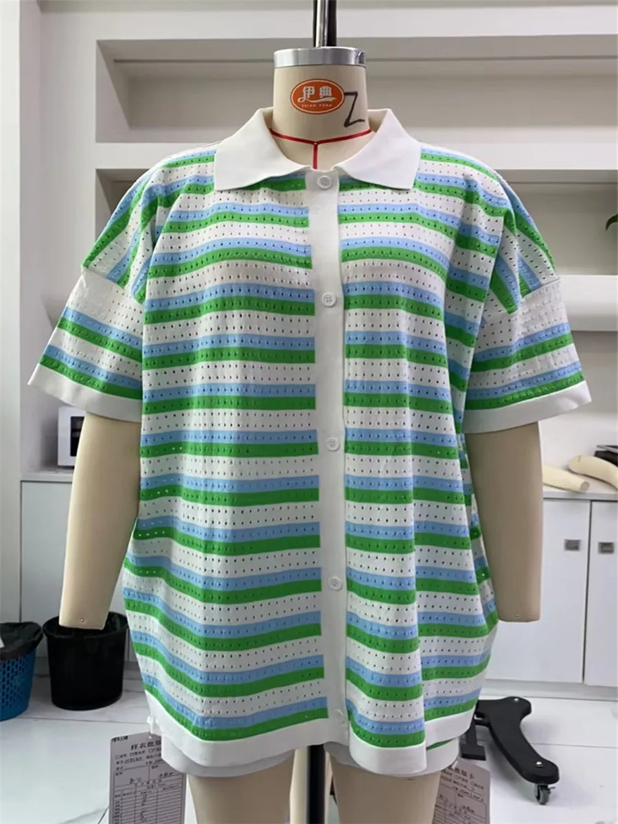 Conjunto de Pijama de Mujer de 2 Piezas Trajes de Salón Verano Rayas Contraste de Color Botón Tops de Punto de Ganchillo y Pantalones Cortos Conjuntos de Salón Playa