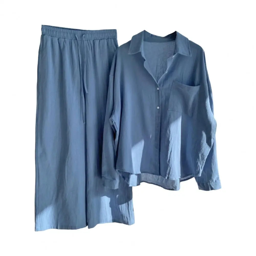 2 Pcs/Set Fabulous Women Blouse Trousers Set Turn-down Collar Women Tops Pants Suit Drawstring Two Pieces