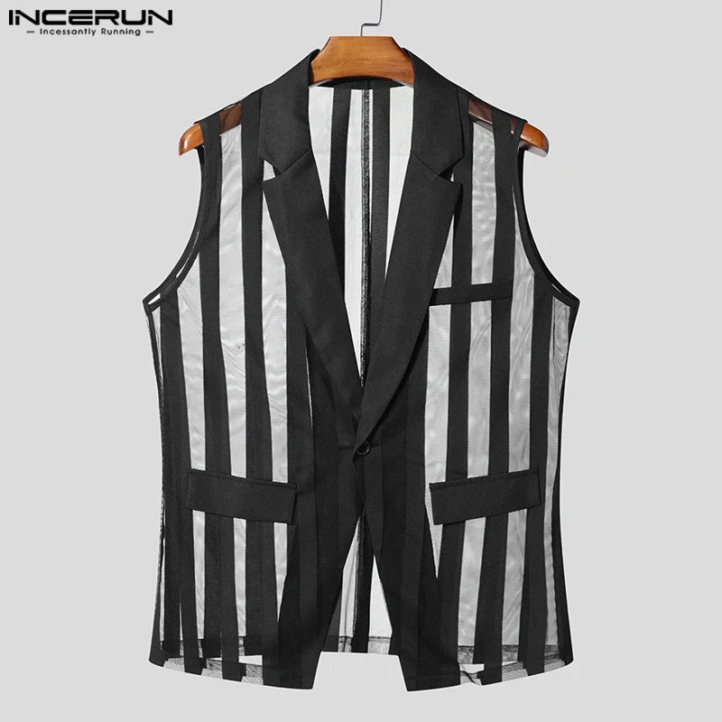 Men Vests Mesh Striped Transparent Sexy Lapel Sleeveless One Button Male Waistcoats Streetwear 2025 Fashion Casual Vests INCERUN