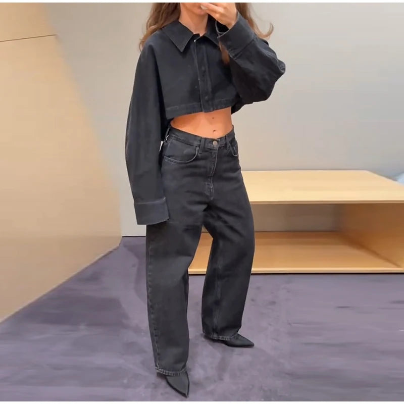 Women Denim Short Tops Pants 2 Piece Sets Lapel Baggy Long Sleeves Coats Straight Wide Leg Loose Jeans Suits 2025 Summer Outfits