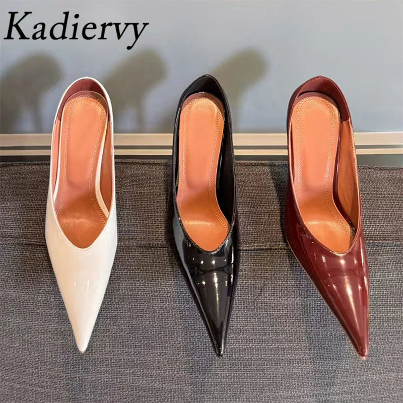 New High Heels Shoes Woman Pointed Toe Slip-on Women Pumps Patent Leather Thin Heels Runway Mules Shoes For Women