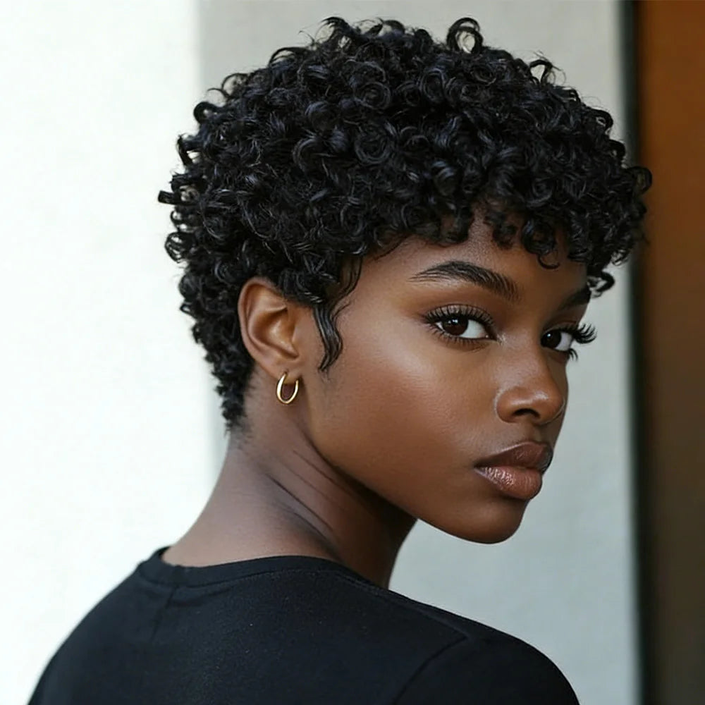 Short Black Kinky Curly Pixie Cut Human Hair Wig With Bangs Brazilian Remy Human Hair Wigs 180% Density Full Machine Made Wig