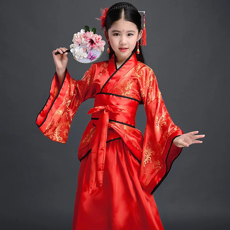 Traditional Chinese Silk Child Hanfu Dress for Girls Vintage Ethnic Dance Costume for Children's Performance Student Chorus