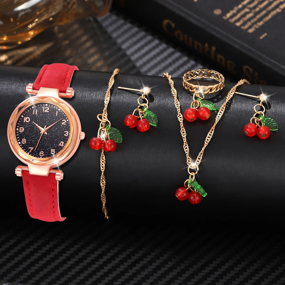 6PCS Red Women’s Watch & Jewelry Set – Chic, Playful & Perfect for Gifting