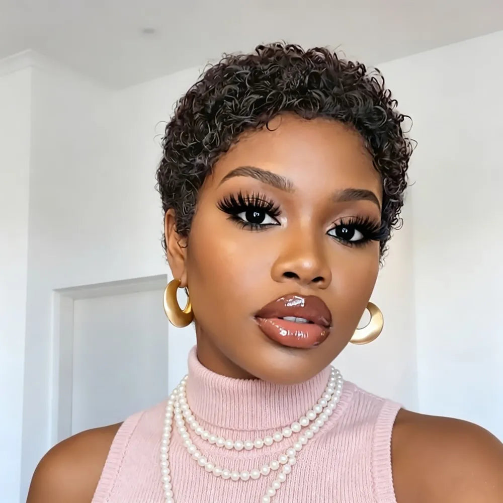 150% density hair machine made pixie cut short curly human hair wig 4inch black color short afro curly human hair wig