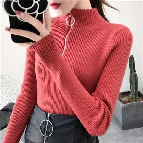 Suéter de punto para mujer con cremallera, cuello medio alto, jerséis de otoño e invierno, suéteres básicos de mujer, prendas de punto ajustadas, tops de mujer
