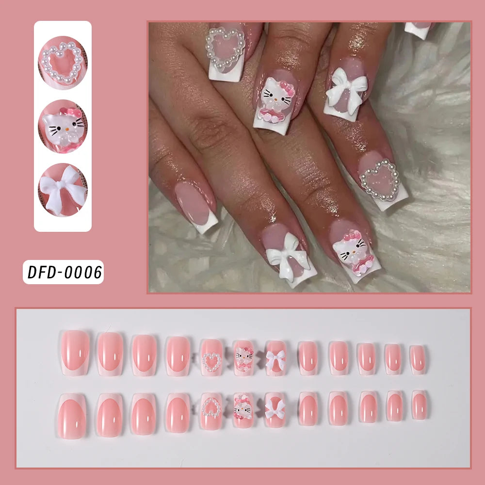 24pcs 3D Hello Kitty Heart Bow False Nails Pink-White French Press on Nails Medium Square Fake Nails for Daily/Party/Gathering *