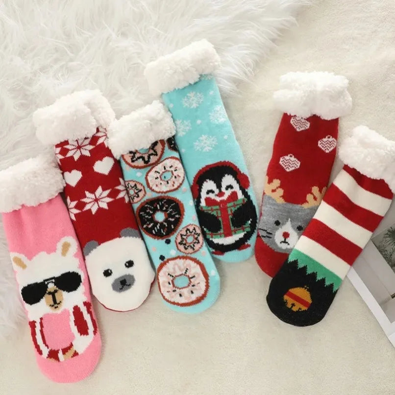 Fuzzy Thermal Sock Women Winter Warm Funny Bear Sheep Cute Kawaii Non Slip Cartoon Sleeping Soft Comfy Female Floor Slipper Sock