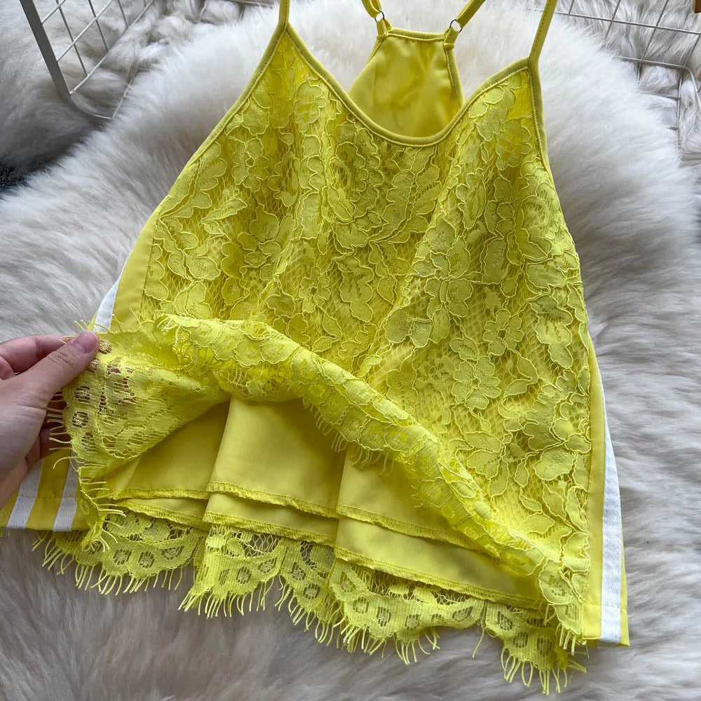 Women Two Pieces Sets Spliced lace Off Shoulder Slip Top and Fashion Hotsweet High Waist Elastic Waist  Wide Leg Pant Sets