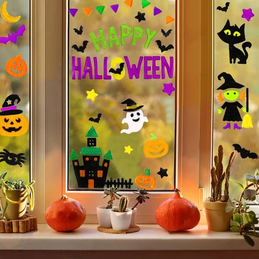 6pcs Halloween Gel Window Clings for Home Decor Perfect for Pumpkins Witch Bats and Spider Designs on Windows to Create a Spook