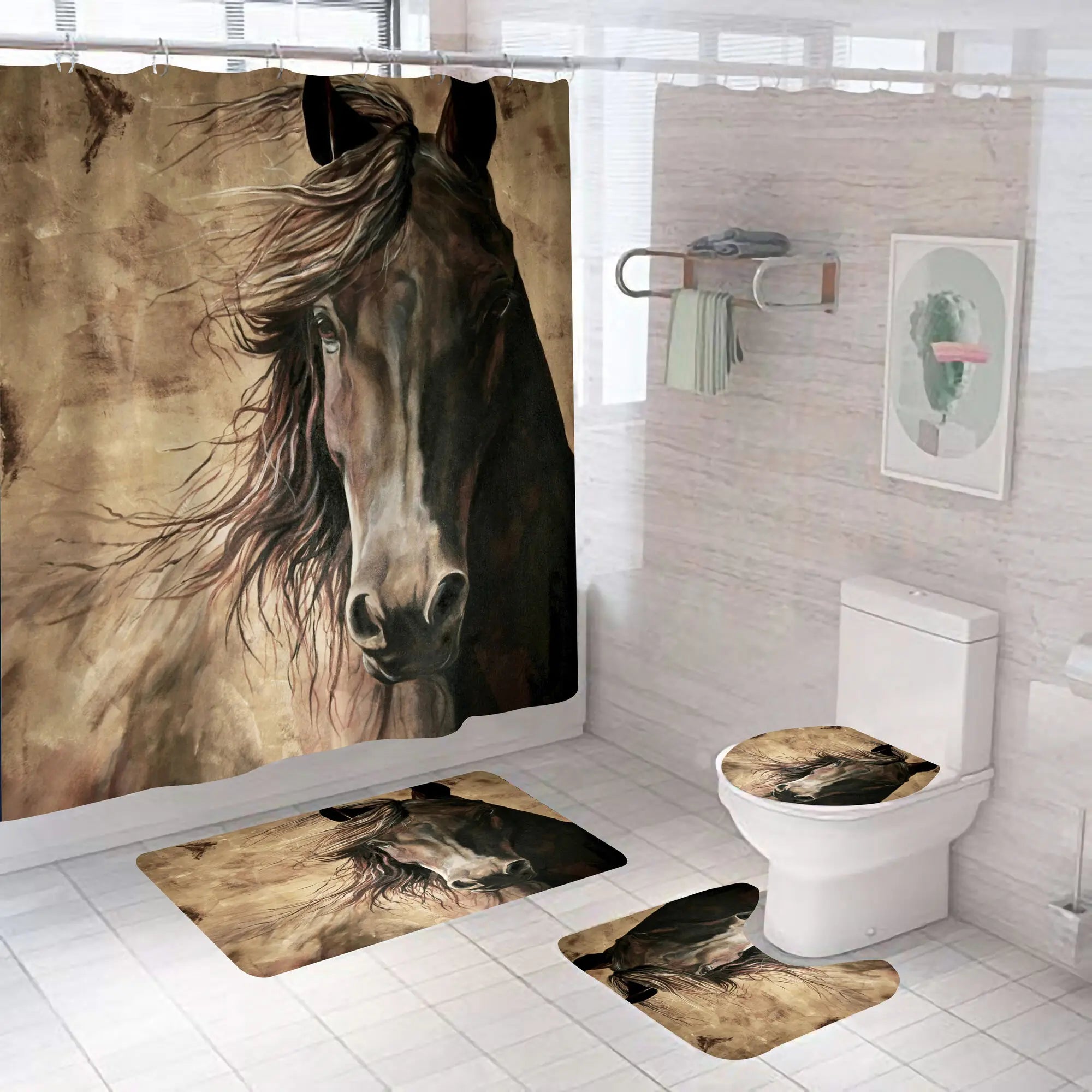 Horse Running Shower Curtains Bathroom Decor Aniaml Printed Waterproof Polyester Fabric Home Bath Bathtub Curtain Set With Hooks
